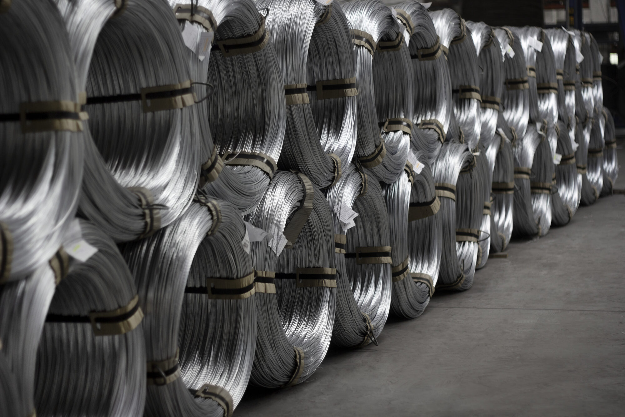 Galvanized wire coils at warehouse